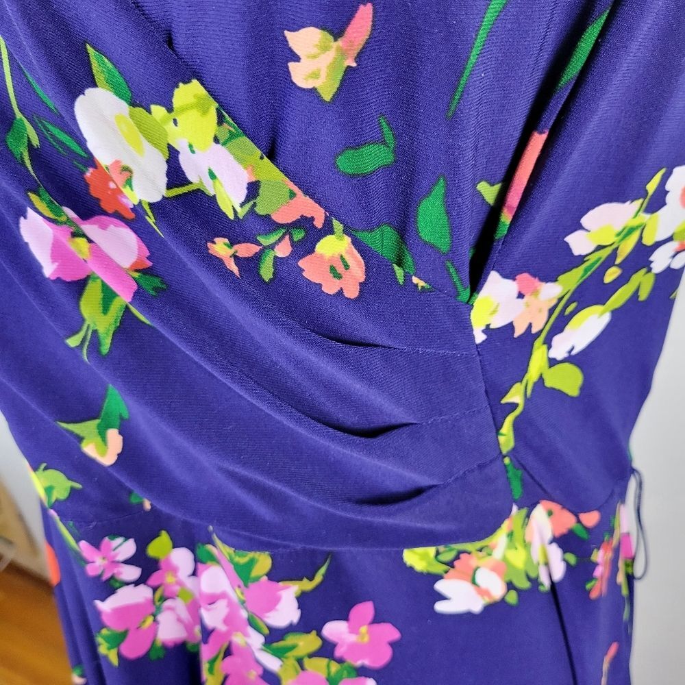 Lauren Ralph Lauren Faux Wrap Navy Floral Sleeveless Midi Dress Side Zip Size 16 - Picture 3 of 12